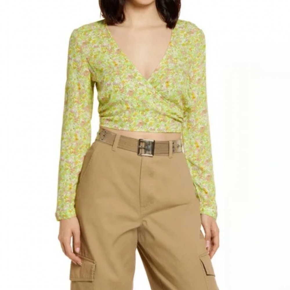 NEW Nordstrom BP Surplice V-Neck Cropโ Top Green Floral Size Small Wrap Front S